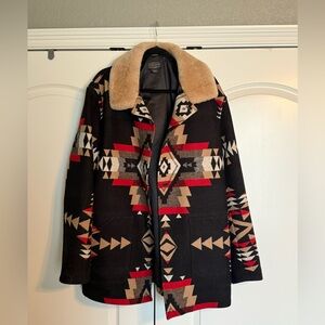 Men’s Pendleton Black/Red Aztec Patterned Wool Coat with Cream Collar